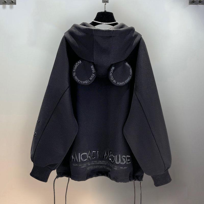 [littlecrab] Jaket Mickey Mouse Zipper Oversize Hoodie Resleting Hitam Putih Abu-Abu Telinga Bulat Lucu Unik Berkualitas Hoodie Jacket Living For Yourself Bordir Topi Telinga Tikus Lucu Unisex Korean Style