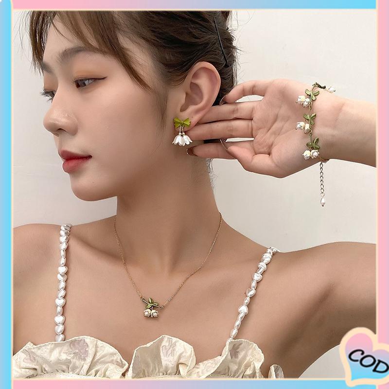 COD❤️ Bunga Anggrek Mutiara Musim Semi Desain Unik Indah Elegan Anting-Anting Gelang Kalung-A.one