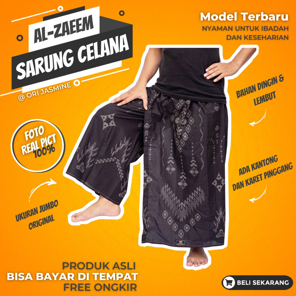 Sarung celana dewasa muslim jumbo hitam motif batik kembang pria murah