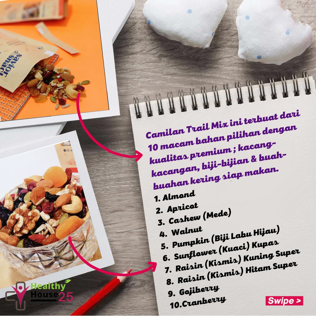 Makanan Diet Rendah Kalori - Cemilan Sehat Untuk Diet - Topping Oatmeal Diet - Savior Snack Trail Mix - 10 Mix Nuts &amp; Fruit Dried