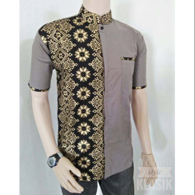 SERBA LAKI LELAKI JANTAN LEBARAN / HEM BATIK PRIA COWOK LENGAN PENDEK WARNA ABU PUTIH  KOMBINASI