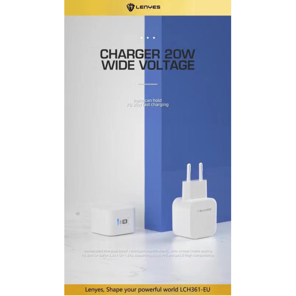 LENYES LCH361 adaptor charger PD 20W FAST CHARGING 3.0A Power Delivery Port Type C Batok Kepala Cas HP original