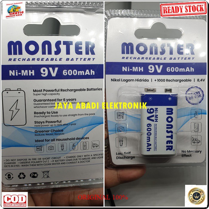 G442 BATERAI MOSTER 9 VOLT BATERAI CHARGER CAS CASAN 600 MAH ISI ULANG BATERAI RECHARGEABLE MEMILIKI DAYA TAHAN YANG KUAT DAN TAHAN LAMA DAPAT JUGA DIGUNAKAN UNTUK SENTER MAINAN ATAU SEJENISNYA HARGA SATUAN