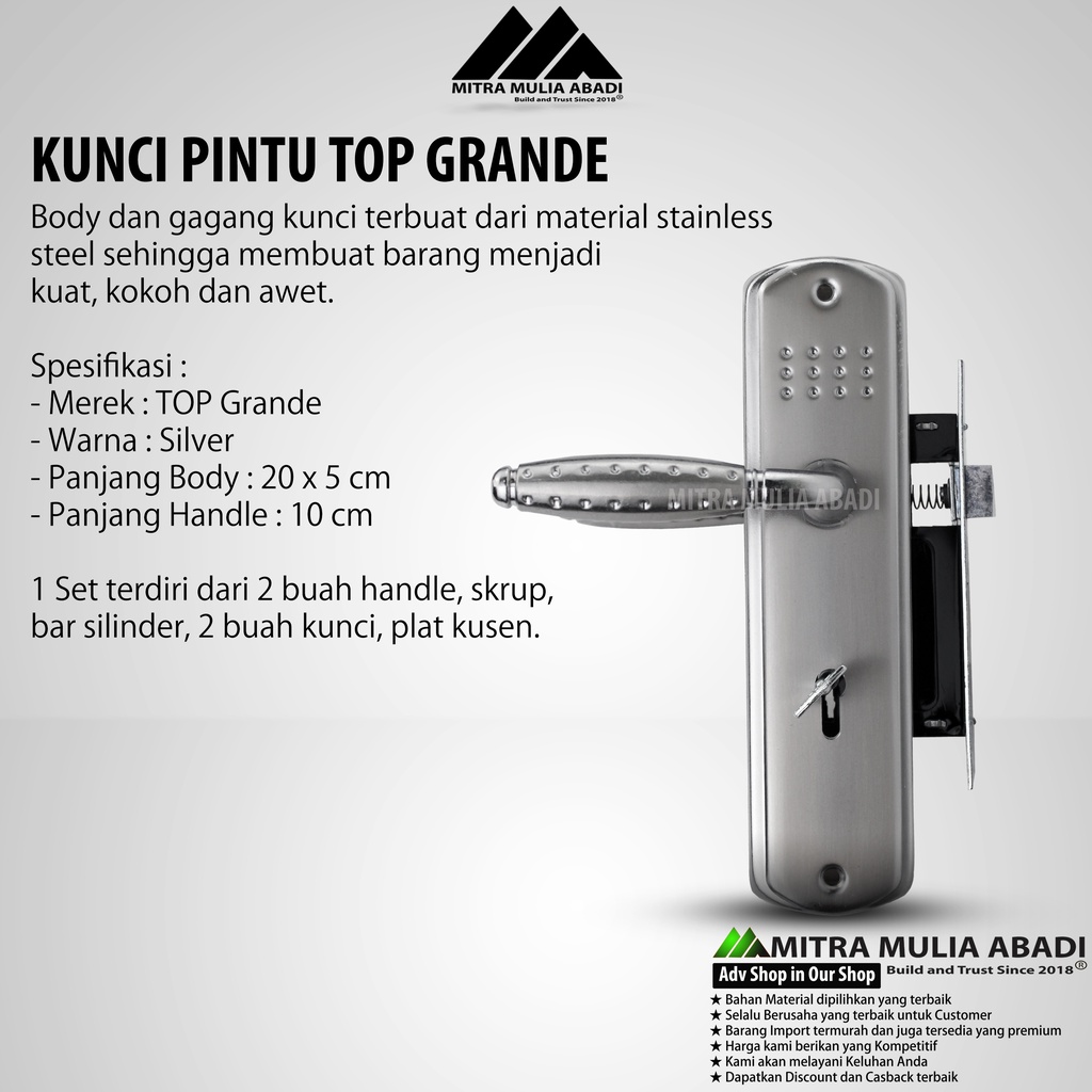 Kunci pintu TOP GRANDE kumplit set (HIJAU) TANPA SILINDER l Gagang