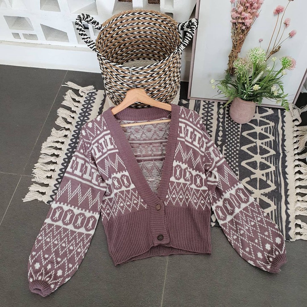 Cardigan Olive Outer Rajut Cewek Motif Pettern Classic Terbaru