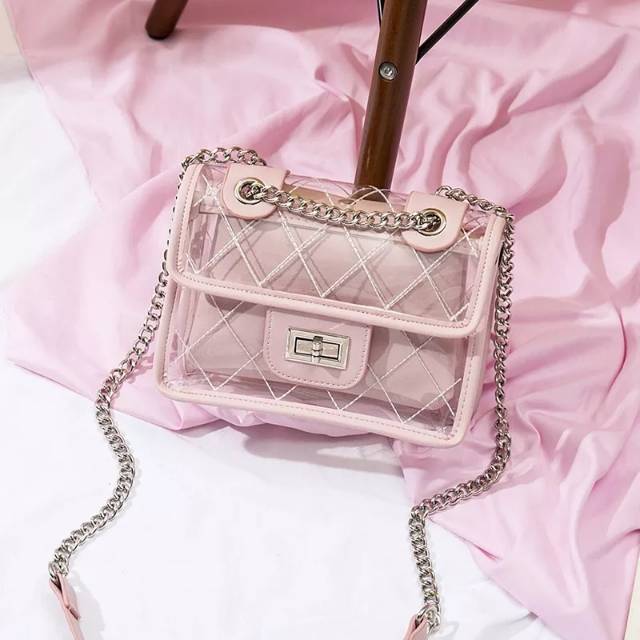 Fashion transparan kunci mika jait2 / tas selempang rante