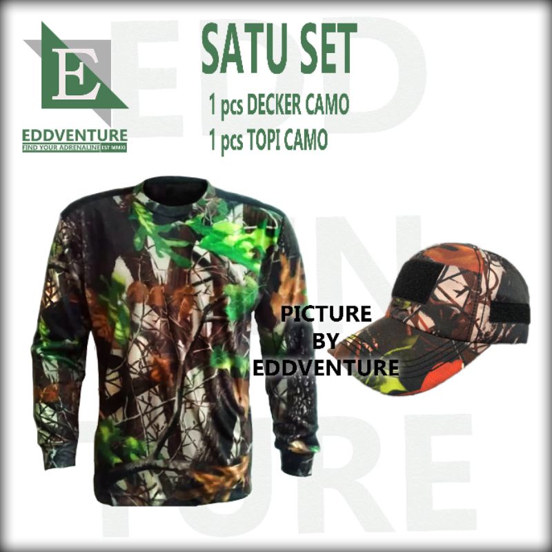 Satu set setelan pakaian seragam baju kaos decker deker topi celana buff loreng camo Perbakin hunting berburu hutan pria wanita cewek cowok