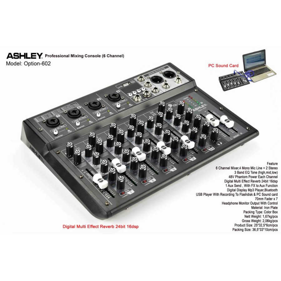 Mixer Ashley Option 602 Original 6 Channel Bluetooth - PC Soundcard A