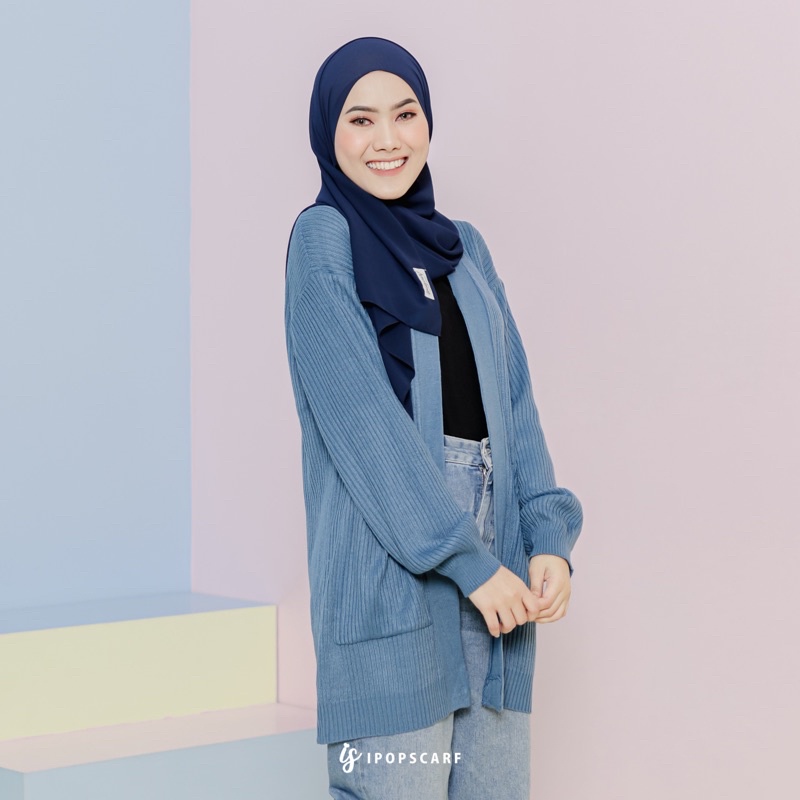 LUMA LONG CARDI | cardigan rajut panjang, soft knit cardigan-DENIM