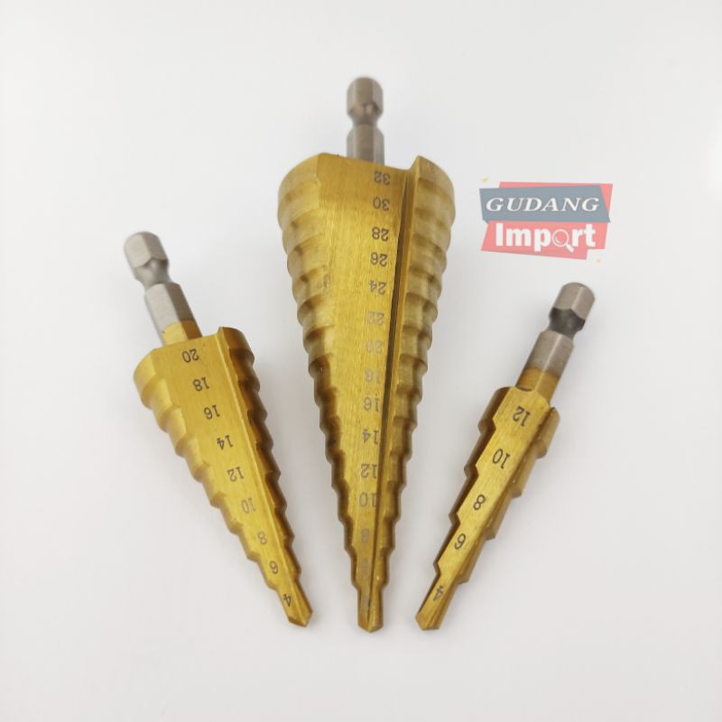 STEP DRILL DRIL MATA BOR PAGODA KERUCUT PEMBOLONG BESI KAYU PLASTIK HOLESAW SET ISI 3