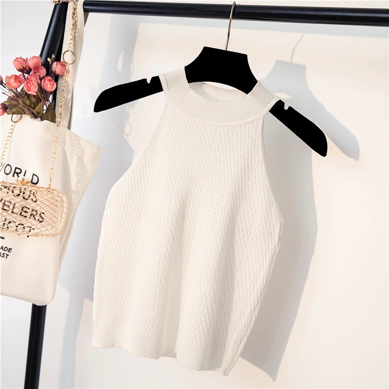 Korean Halter Tank Top Atasan Wanita Rajut C205-White