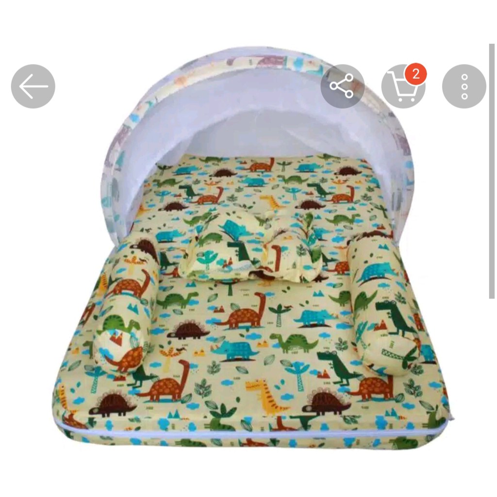 Kasur bayi lipat kulambu full sett bantal guling motif Dino cream