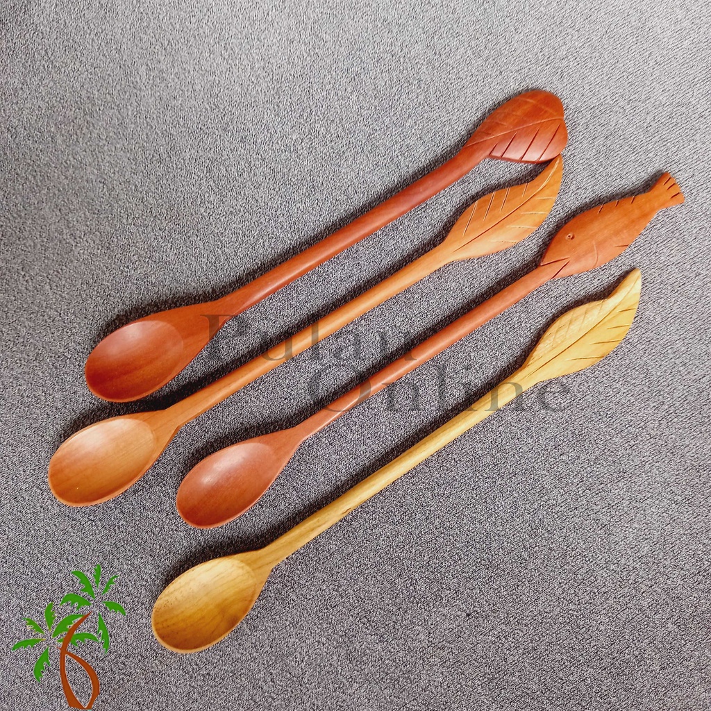 Sendok Jus kayu Motif Daun / Sendok Pengaduk / Sendok Kayu Panjang / Pulau Online