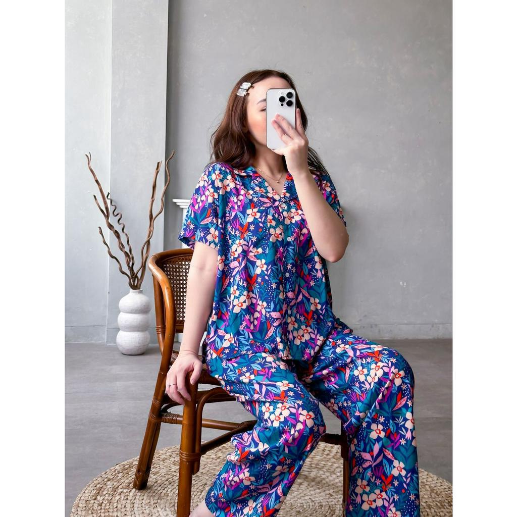 INFINITEE Setelan Celana Panjang Busui Bahan Rayon Premium Motif Bunga