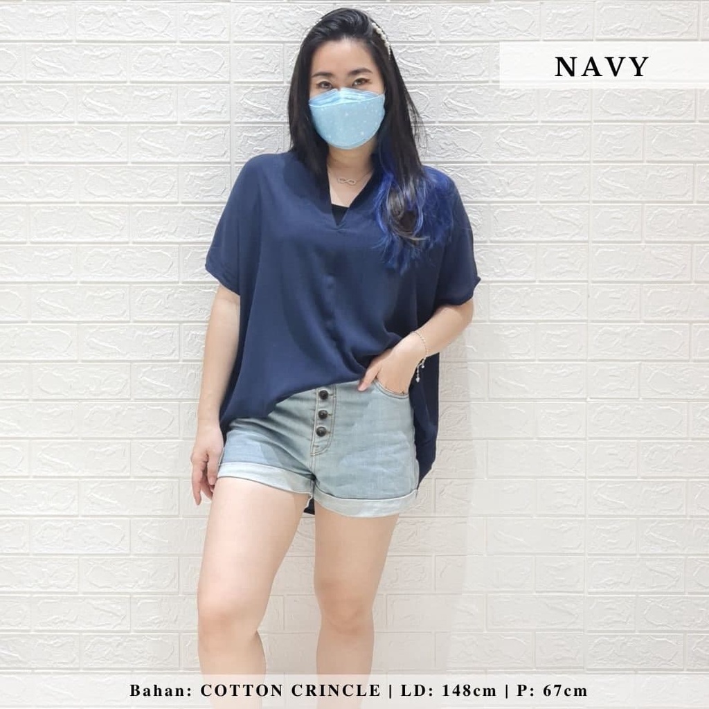 2904 CARITA OVERSIZE TOP BLOUSE BIGSIZE JUMBO FELICIA BLOUSE-NAVY (crincle)