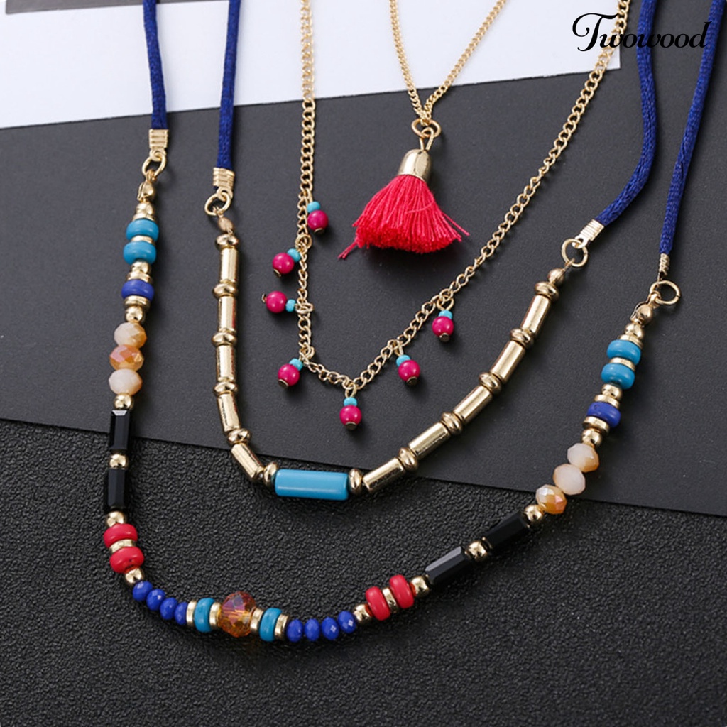 Kalung Multilayer Dengan Liontin Manik-Manik Rumbai Warna-Warni Untuk Wanita