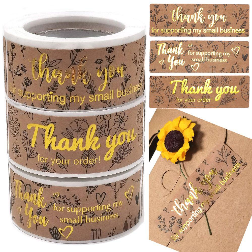 SOLIGHTER 120PCS/Roll 3x1 Inch Thank You For Supporting Stationery Kraft Paper Decals My Small Bussiness Package Decor Gift Hot Stamping Rectangle Leaves Floral Stickers Envelope Sealing Labels