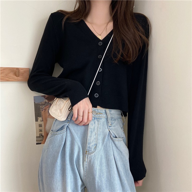 Korean style Sweater wanita rajut Baju atasan wanita lengan panjang Cardigan crop