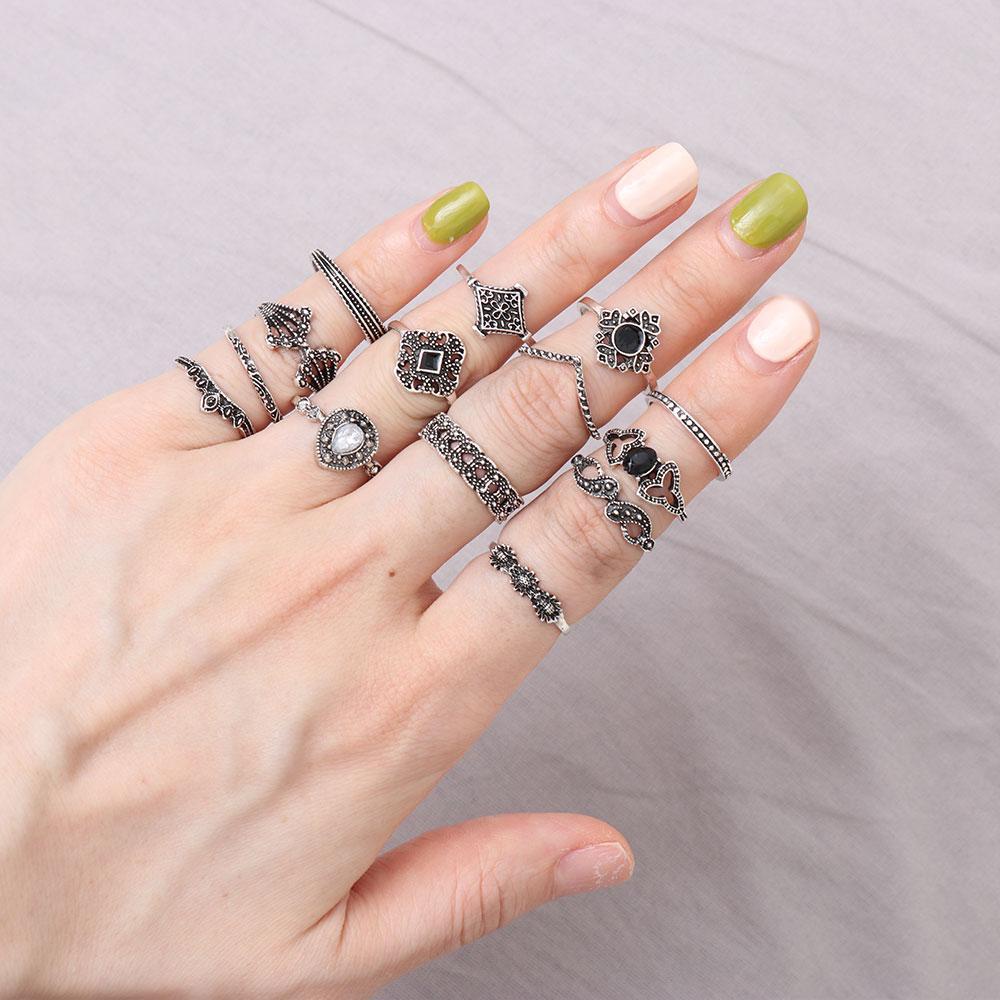 Nanas 15PCS/Set Cincin Set Fashion Boho Vintage Perak Aksesoris Tangan