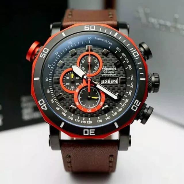 JAM TANGAN PRIA ALEXANDRE CHRISTIE AC 6308 RED BLACK LEATHER BROWN
