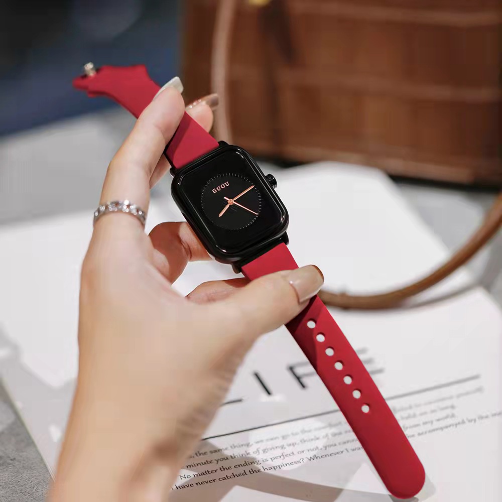 【Ready】100%ORI【COD】【GUOU Watch 】Jam tahan air  2022 Baru Jelly Desain Kecil Square Watch Waterproof Women's Watch Wanita Jelly menonton tali karet wanita menonton Korea menonton fashion women's Watch-Hitam dan merah