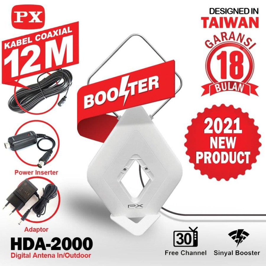 PX HDA-2000 Antena TV Digital Analog Indoor Outdoor Booster+Kabel 12M