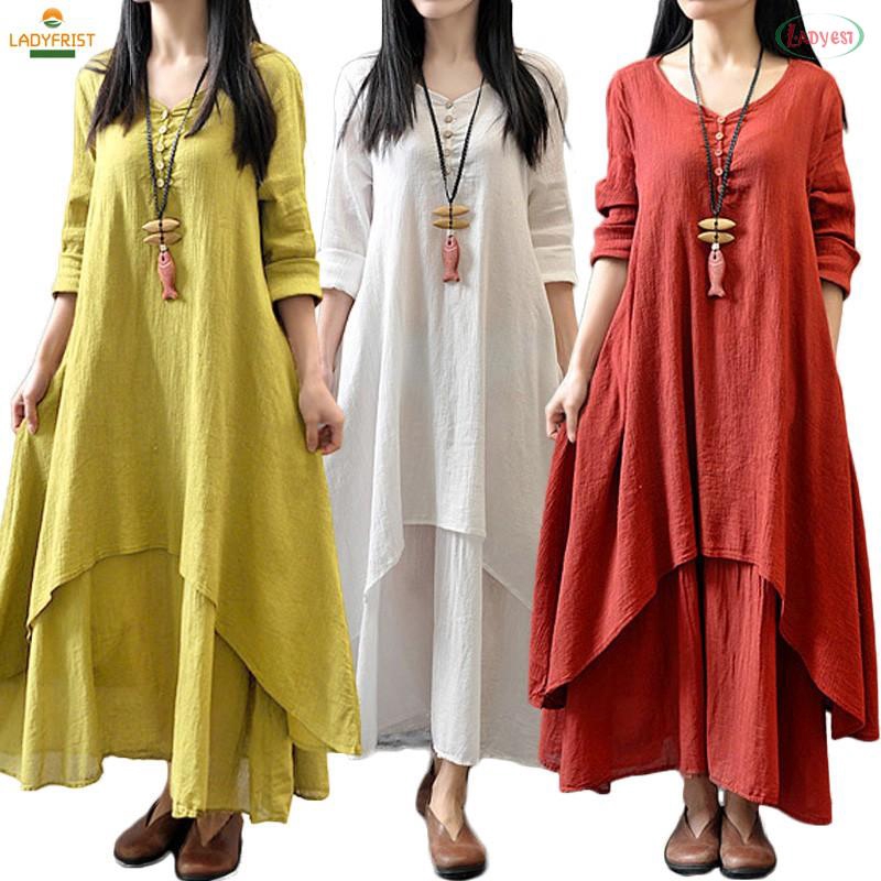 [Bayar Di Tempat]LDF?Women Ethnic Boho Linen Long Sleeve Gypsy Maxi