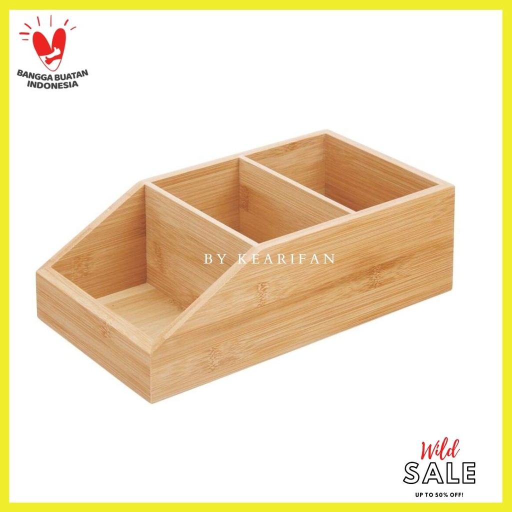 Wood Food Storage Bin with Divided 3 Compartments and Sloped Front for Kitchen Cabinet, Pantry W-012