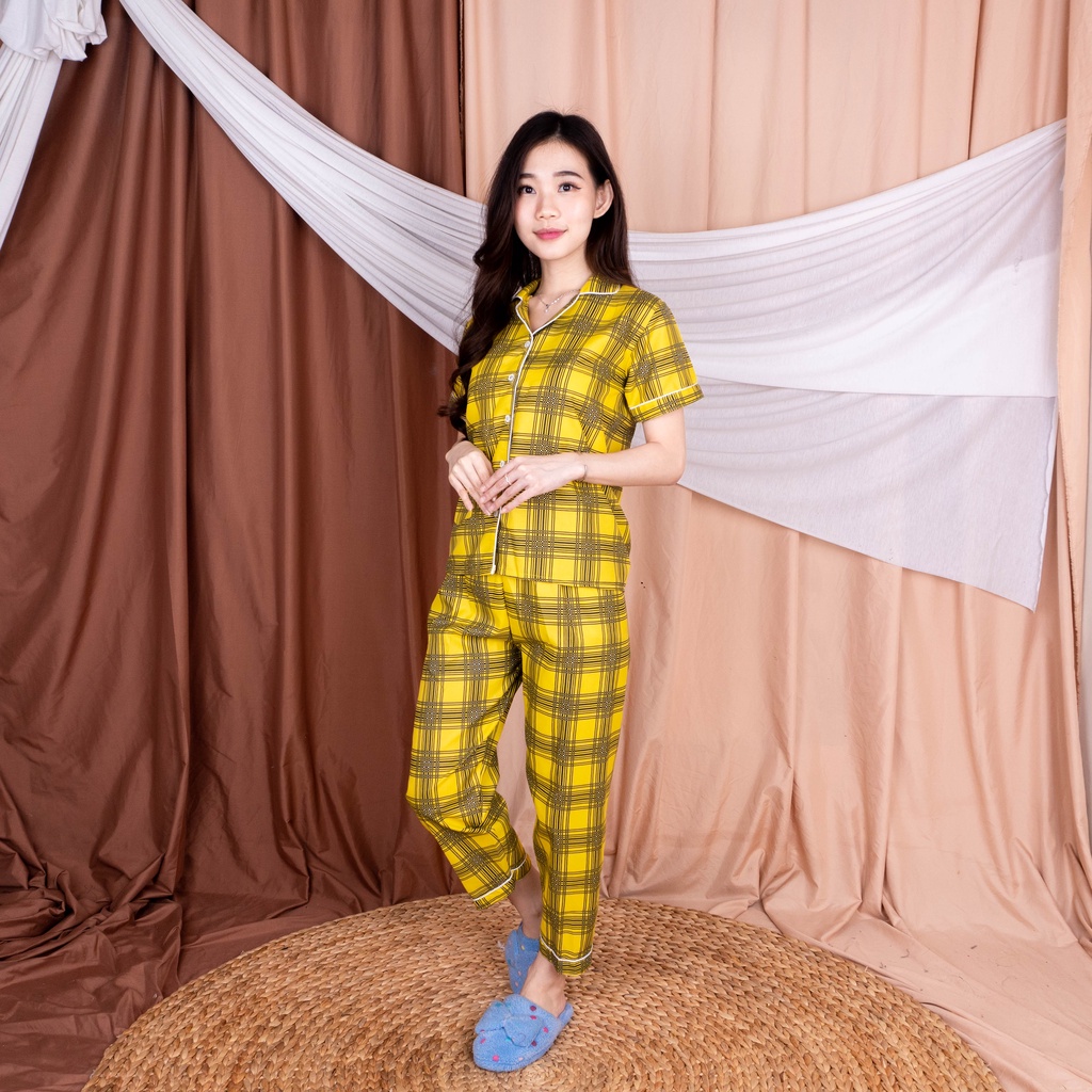 SF - Setelan Piyama Baju Tidur Wanita Lengan Pendek Panjang Guilen Kotak Pajamas Cewek Dewasa Kekinian-CP GUILEN KUNING