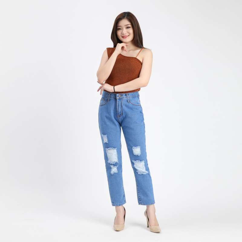 DIVARY BOYFRIEND JEANS SOBEK WANITA / RIPPED BOYFRIEND JEANS TEBAL NON STRECTH