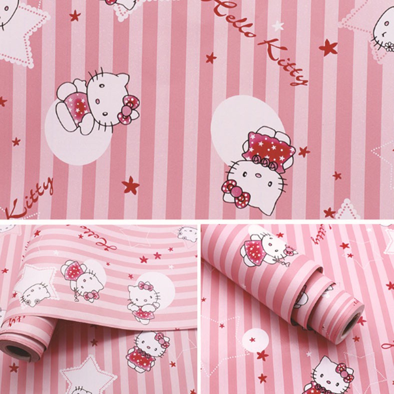 Wallpaper Sticker Dinding Hello Kitty Bintang Garis Ukuran Panjang 10Meter x Lebar 45CM