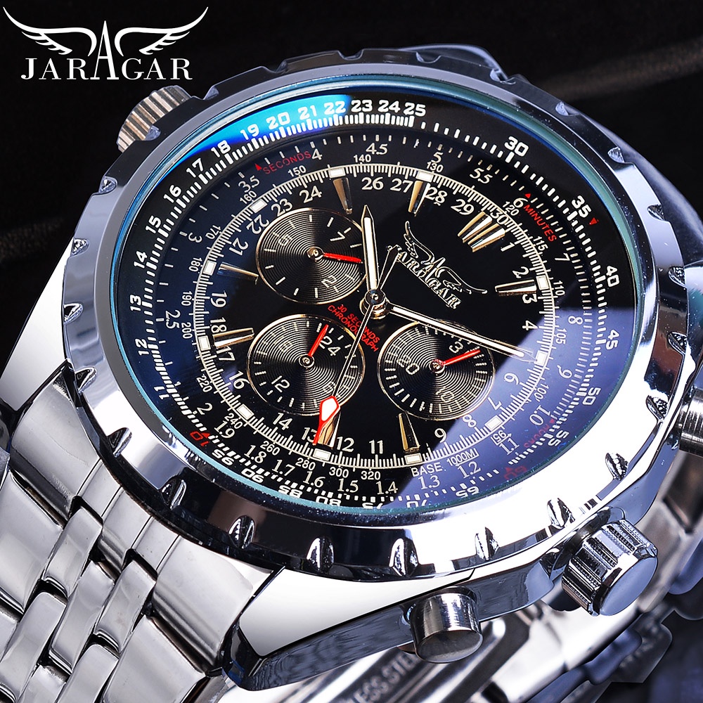 Jaragar Blue Glass Design Black Silver Automatic Watch Stainless Steel Date Clock Luminous Men Busin