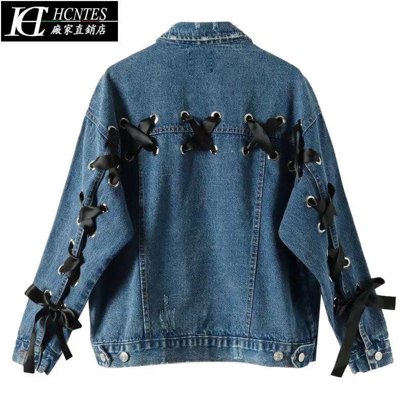  Jaket  Denim  Desain  Lengan Panjang Aksen Tali untuk Wanita 