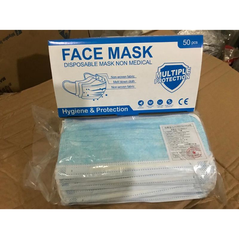 masker 3 ply aneka warna. earloop dan headloop (hijab). kemasan pakai box isi 50pcs