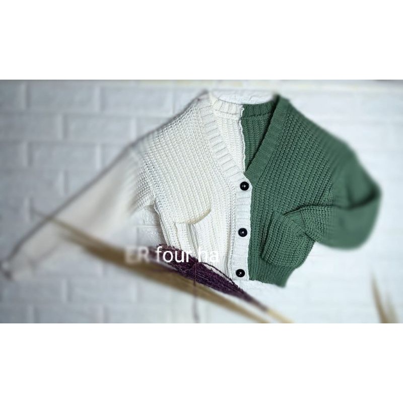Cardigan COMBISELLY Premium 3get | Rajut Tebal | Pakaian wanita | Outerwear Kombinasi | Cardigan Crop-Offwhite+hijaumin