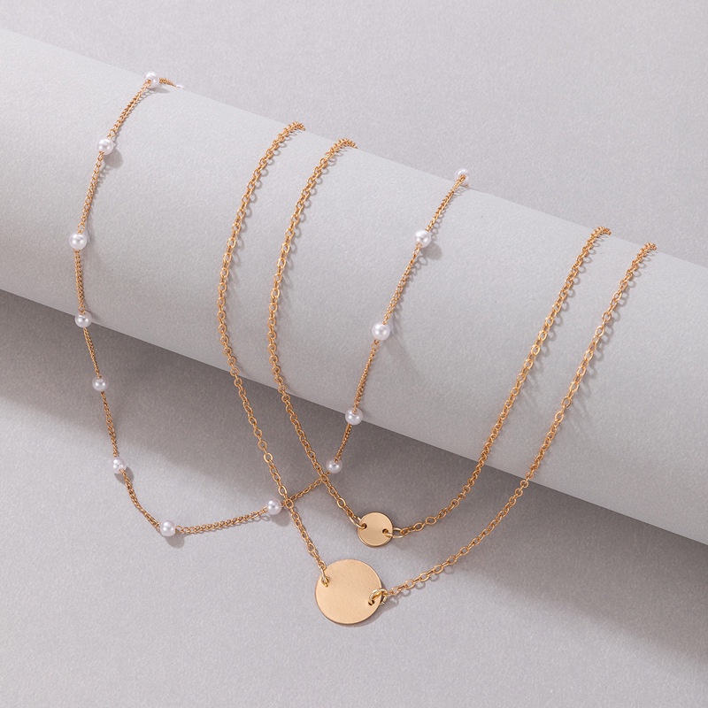 Kalung Rantai Tiga Lapis Bahan Alloy Warna Emas Aksen Mutiara