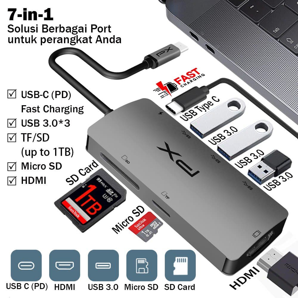 PX UCH17 7 IN 1 USB Hub Type C 3.1 Converter Laptop to HDMI SD Car- Garansi Resmi PX