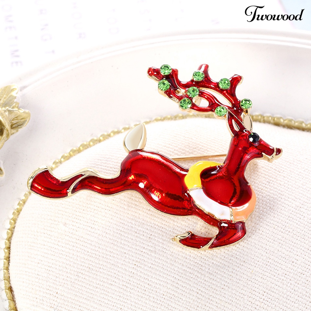 Twowood Christmas Deer Shape Brooch Pin Rhinestone Alloy Cute Animal Elk Red Enamel Pin Friends Gift