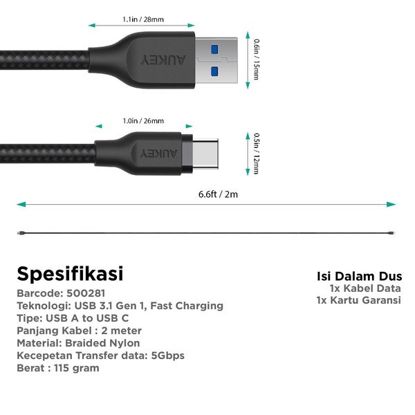 AUKEY CB-AC2 - USB 3.1 Gen 1 to USB-C Cable - Braided Nylon 2M - Kabel USB ke USB-C dari AUKEY