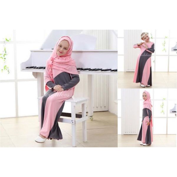 Gamis anak import pink abu plus pashmina 1 tahun