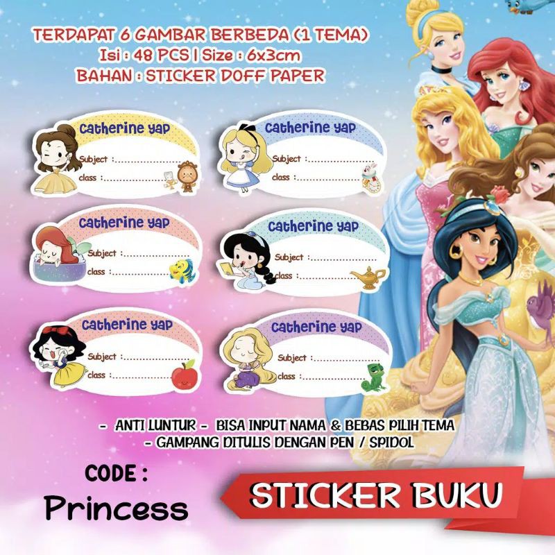 

Sticker / Stiker Buku Custom Nama Karakter Tema Princess / Tuan putri