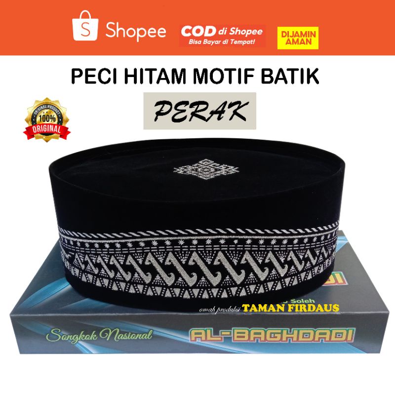 Peci Sablon Motif Batik Perak AC Tinggi 9 cm Songkok Hitam Sablon Peci Hitam Kopiah Hitam Peci Anak 