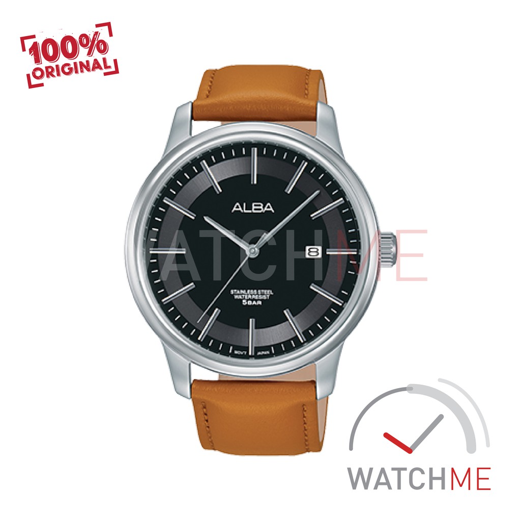 Jam Tangan Pria Alba Analog AS9D25X1 Black Dial 50m Brown Leather Strap Original Garansi Murah