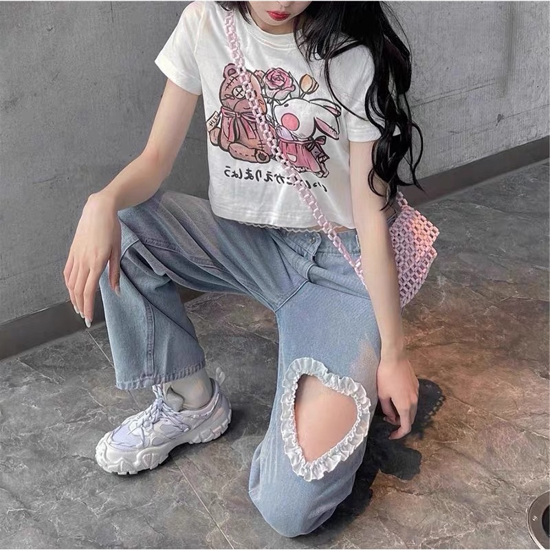 [ready stock] heart lace jeans | bawahan celana panjang jeans denim motif heart hati putih lucu aesthetic gaya korea