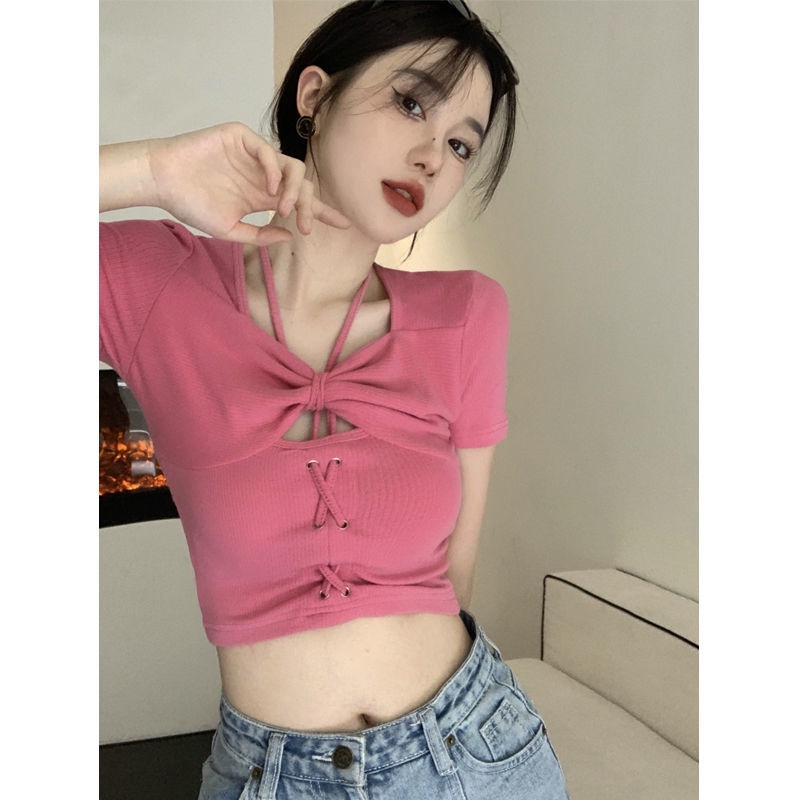Spice Girls Hang Neck Slim Lengan Pendek T-shirt Wanita Musim Panas Baru Merah Muda Gaya Pendek Tipi