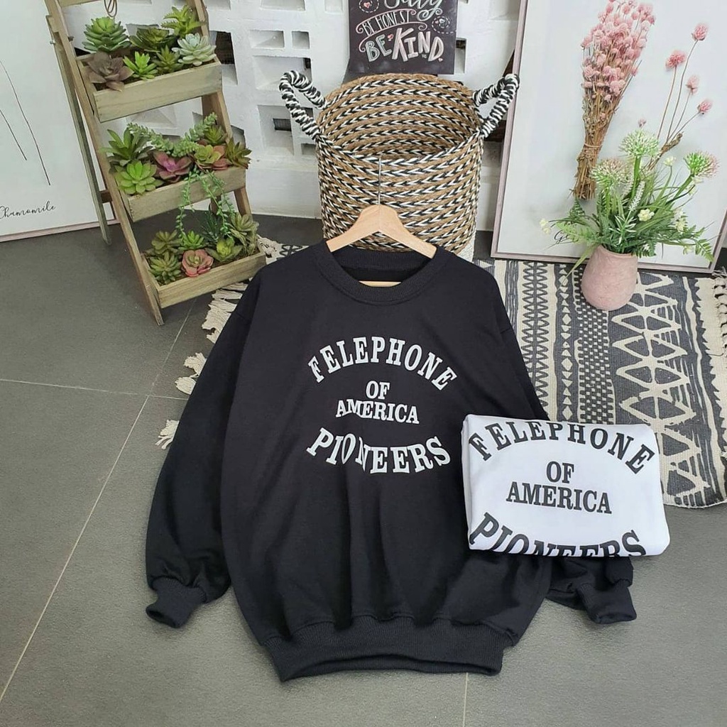 Sweatshirt Felephone Monokrom Hitam Putih Oversize Fit To XXL