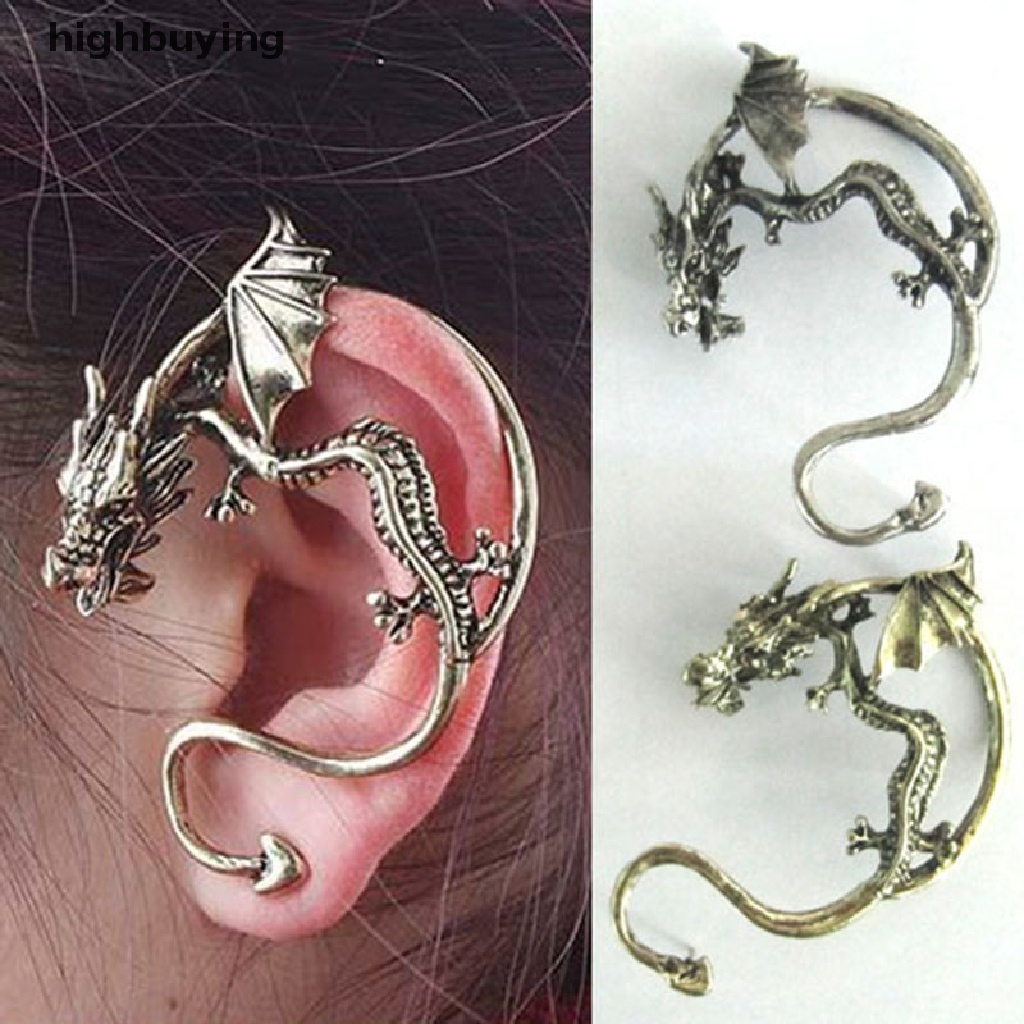 Hbid Anting Klip / Cuff Vintage Gothic Punk Bentuk Naga Bahan Metal