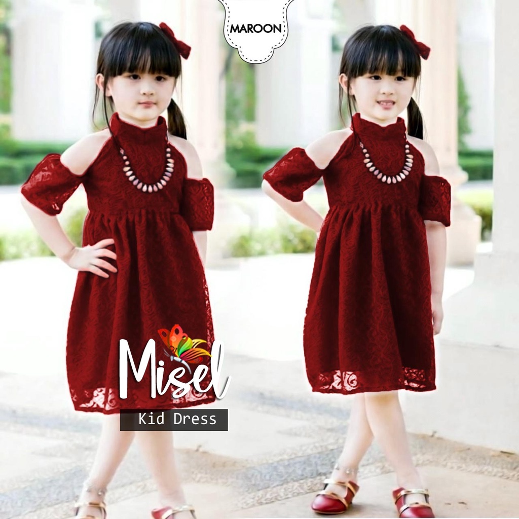 DRESS PESTA ANAK PEREMPUAN BROKAT IMPORT KERAH SHANGHAI WARNA MAROON KID MISEL LENGAN PENDEK MINI DR