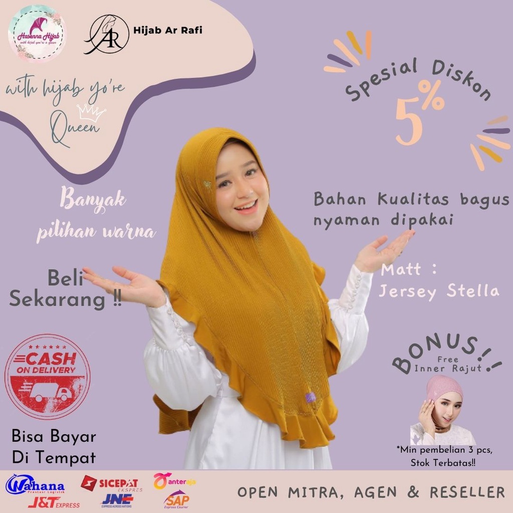 Arrafi Hijab Original Tewrbaru AR 558 Ped Antem Variasi Rampel Depan Matt Jersey Stella Model Pliske