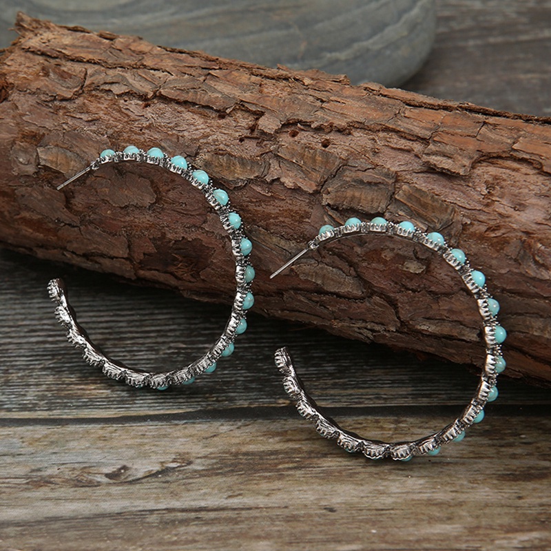 Anting Kait Gantung Bahan Metal Desain Lingkaran Hollow Hias Batu Turquoise Gaya Vintagebohemianantik Untuk Wanita